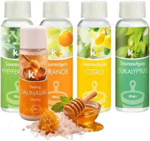 KK Hygiene Saunaaufguss Set Toskana 4x100ml + Honig Saunasalz Peeling – Eukalypt