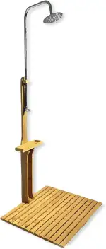 BURI Gartendusche Holz 221 cm Außendusche Garten mit Bodenplatte 75x75 cm Holzdusche Outdoor Kiefernholz geölt verzinktes Eisen Duschkopf 205 cm Gartenschlauch Pooldusche wetterfest Terrasse Camping