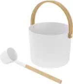 LuxeBath Saunazubehör-Set aus Aluminium & Bambus, Weiß, 2-TLG Sauna Set, Aufgusskübel mit klappbarem Griff & Schöpfkelle, Metall Saunaeimer 6L mit Schöpflöffel, Langlebiges Sauna Wassereimer Zubehör