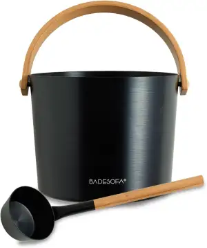 BADESOFA Sauna-Eimer mit Kelle Set – Saunakübel 5 L Aluminium Schwarz mit Bambus