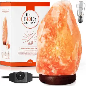 The Body Source Himalaya Salzlampe (2-3 kg) mit Dimmerschalterlicht aus der Salt Range Pakistan auf einem Holzständer - Nachtlicht inkl. 1x 10W Glühbirnen und Geschenkbox