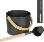 Navaris Aluminium Saunakübel mit Kelle und Sanduhr - Metall Sauna Kübel - Aufgusseimer Set 3tlg. Saunaeimer - leichter Eimer mit Bambus Griff - schwarz natur