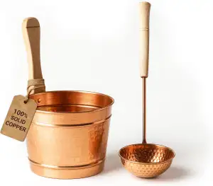 Kupfer Sauna Eimer mit Kelle 3.5L, Handgefertigter Saunakübel, Gehämmertes Aufgu