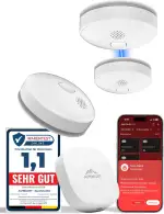 Rauchmelder mit Smart App 10 Jahre Batterie, TESTSIEGER Feuermelder Funk und WLAN Vernetzt, Rauchwarnmelder, Brandmelder, Funkrauchmelder Vernetzbar Ohne Bohren, Ohne LED Blinken, 3er + HUB
