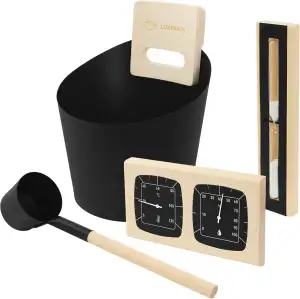 LuxeBath Saunazubehör-Set aus Aluminium & Naturholz, Schwarz, Sauna Set 4-teilig