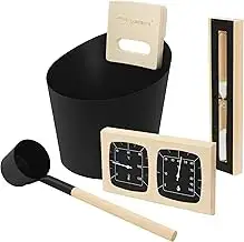 LuxeBath Saunazubehör-Set aus Aluminium & Naturholz, Schwarz, Sauna Set 4-teilig