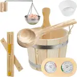 Sauna Eimer Set (5 Liter), Sauna Eimer mit Kelle, Saunakã Bel aus Holz mit Kelle Sanduhr, Thermo, Hygrometer, Schüssel Sauna, Hitzebeständiger Saunakã bel 5L Inkl Einsatz (5L-Advanced)