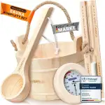 Sauna Eimer Set (4 Liter) - Hochwertiger Sauna Eimer mit Kelle, Sanduhr, Thermo- & Hygrometer - Hitzebeständiger Saunakübel 4L inkl. Einsatz & Hanftrageseil - Sauna Zubehör Set
