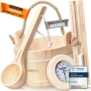WASSERFELD® Sauna Eimer Set (4 Liter) - Hochwertiger Sauna Eimer mit Kelle, Sanduhr, Thermo- & Hy...