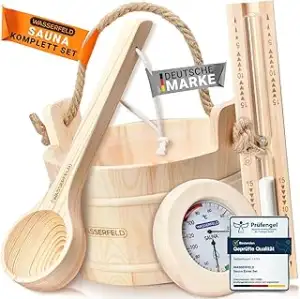 Sauna Eimer Set (4 Liter) - Hochwertiger Sauna Eimer mit Kelle, Sanduhr, Thermo-
