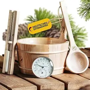 Sauna Zubehör Set | Saunathermometer, Hygrometer, Sanduhr, Aufguss Eimer & Saunakelle | Das perfe...