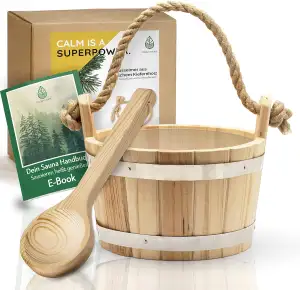 CozyNature® Sauna Eimer mit Kelle aus hochwertigem finnischen Kiefern-Holz | edle Metallringe - k...