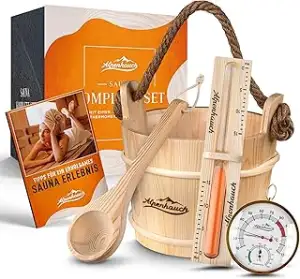 Sauna Eimer mit Kelle [100% Naturholz] - Edler Saunakübel mit Sanduhr & Thermome