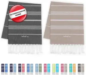 LeStoff 2er-Set Hamamtuch 95 x 180 cm - 100% Bio-Baumwolle, Vorgewaschen, Nachhaltig, Saugstark & Schnelltrocknend, Reisehandtuch, Campinghandtuch, Badetuch, Saunatuch, Strandtuch (Anthracite + Beige)